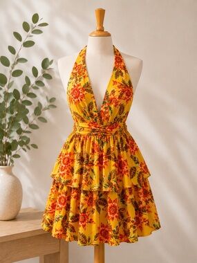 BCX Yellow Floral Backless Halter Dress size S NEW
